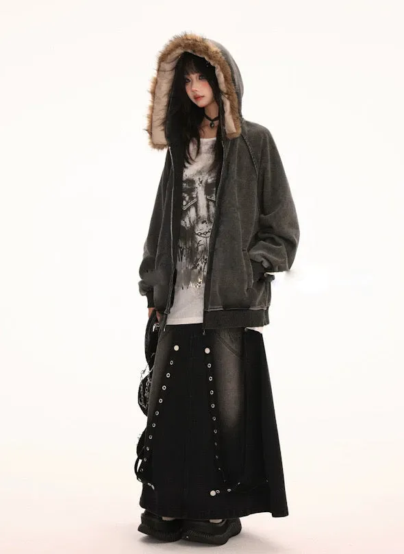 フワモコ ファー フード オーバーサイズ パーカー│Fluffy Fur Hood Oversized Parka"