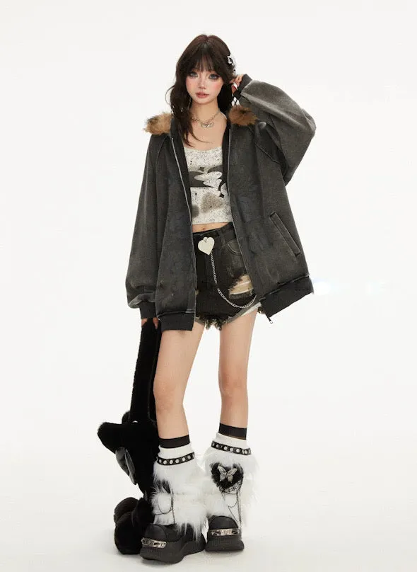 フワモコ ファー フード オーバーサイズ パーカー│Fluffy Fur Hood Oversized Parka"