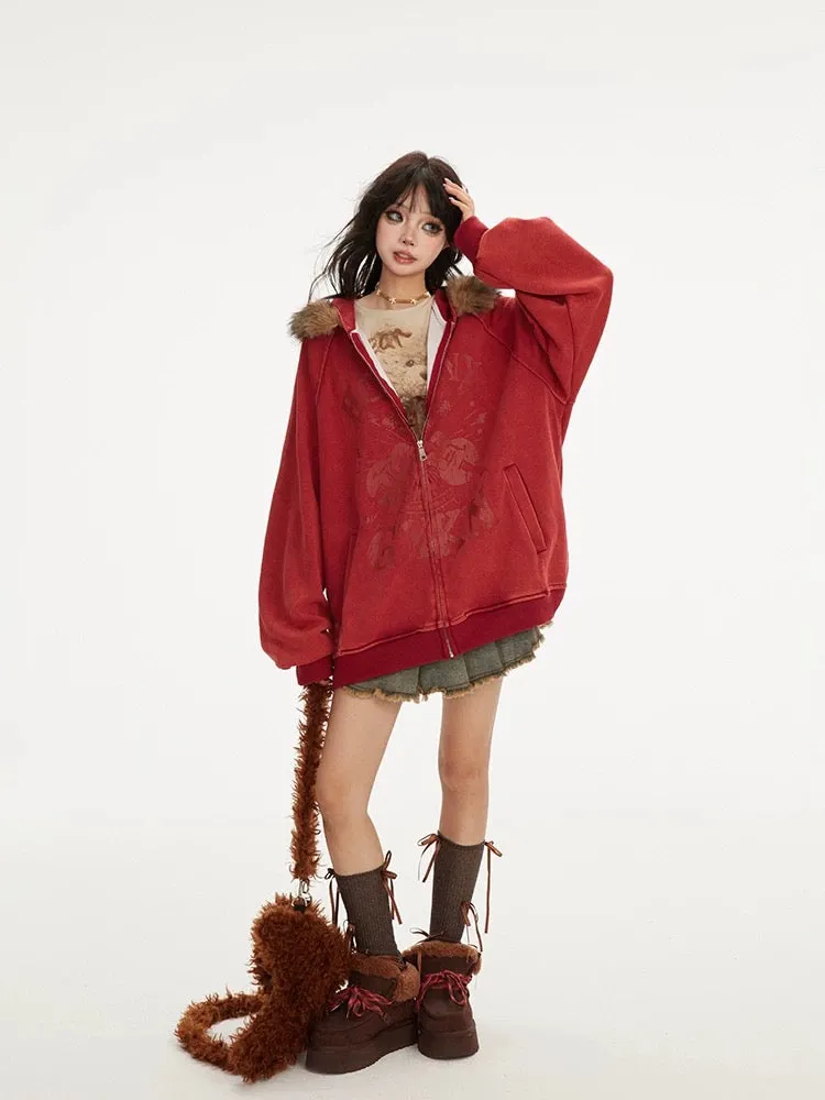 フワモコ ファー フード オーバーサイズ パーカー│Fluffy Fur Hood Oversized Parka"