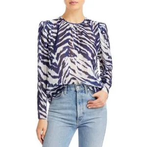 AQUA Ladies Navy Blue & White Sheer Printed Long Sleeve Shoulder Top, Size XS!