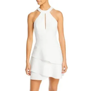 BCBG Max Azria Ladies White Halter Neck Keyhole Ruffle Dress w/ Back Cutout, 4