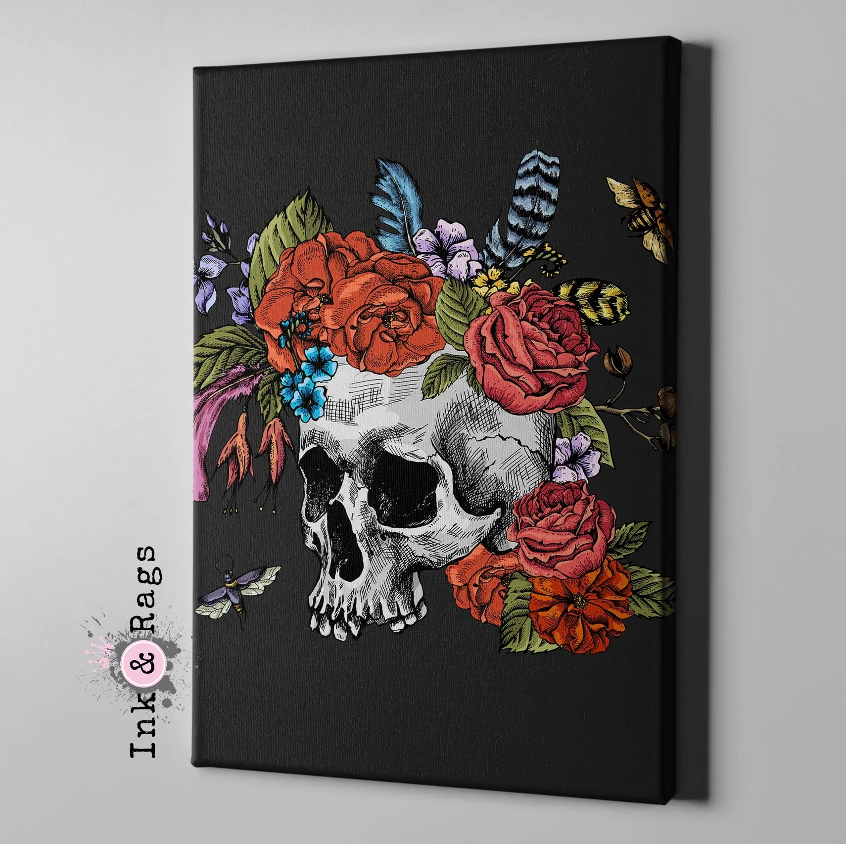 Botanical Feather Bees and Skull Gallery Wrapped Canvas