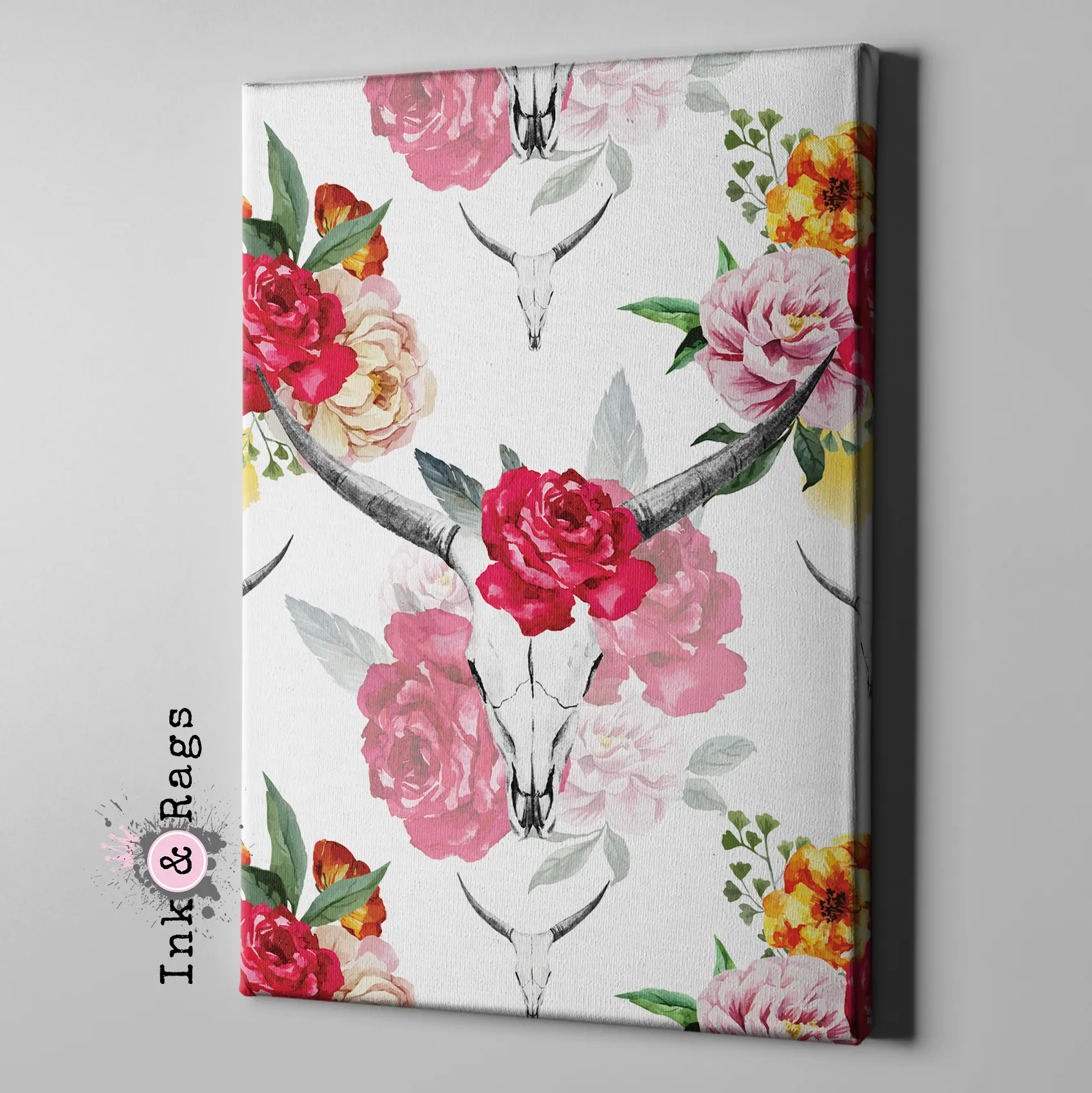 Bull Skull and Spring Flower Gallery Wrapped Canvas