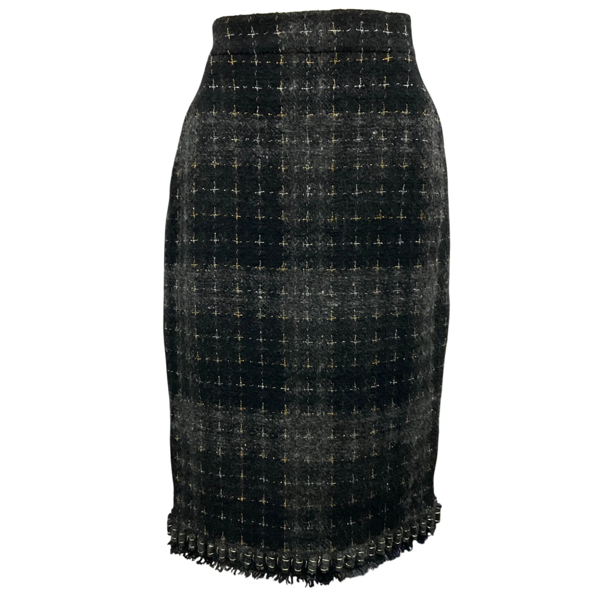 Chanel Black / Charcoal Grey / Silver / Gold Metallic 2008 Wool Tweed Skirt