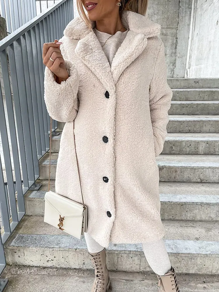 Coats Lapel Single Breasted Long Sleeve Plush Long Coat for Women