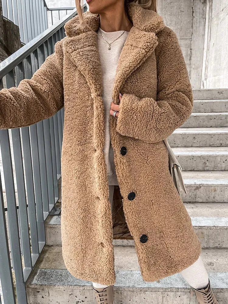 Coats Lapel Single Breasted Long Sleeve Plush Long Coat for Women