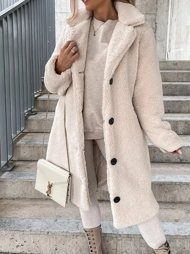 Coats Lapel Single Breasted Long Sleeve Plush Long Coat for Women