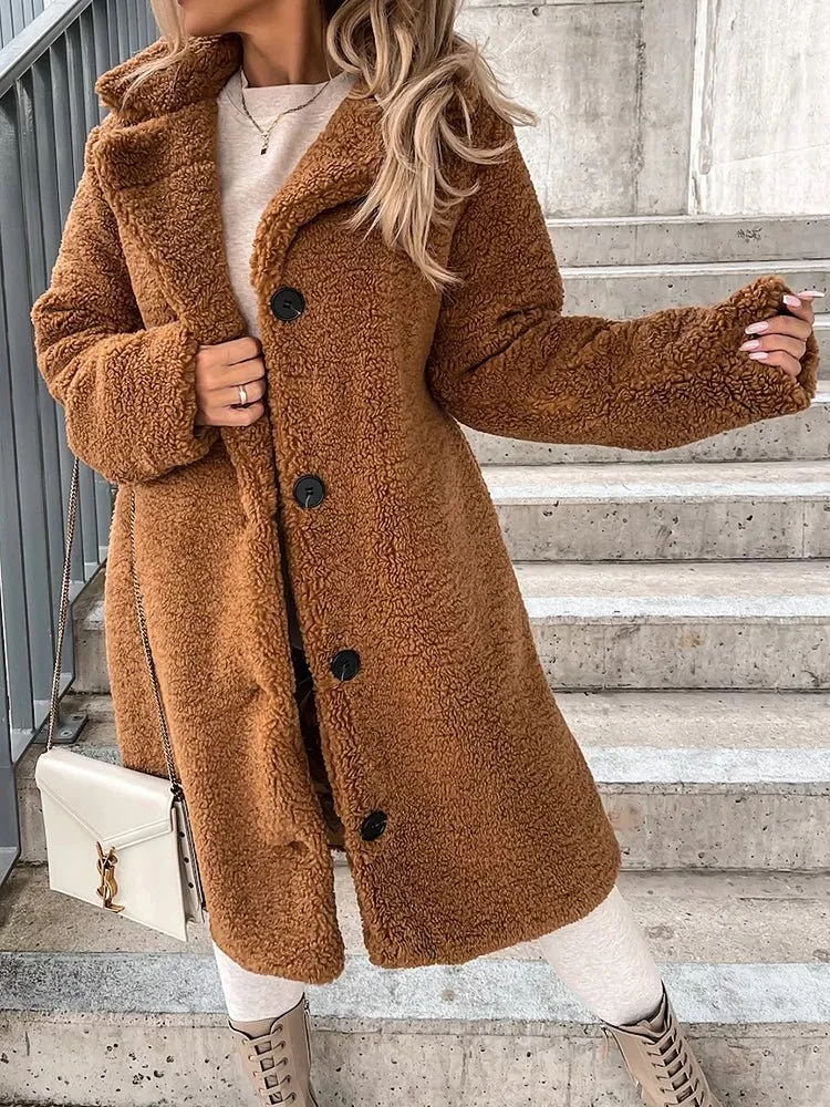 Coats Lapel Single Breasted Long Sleeve Plush Long Coat for Women