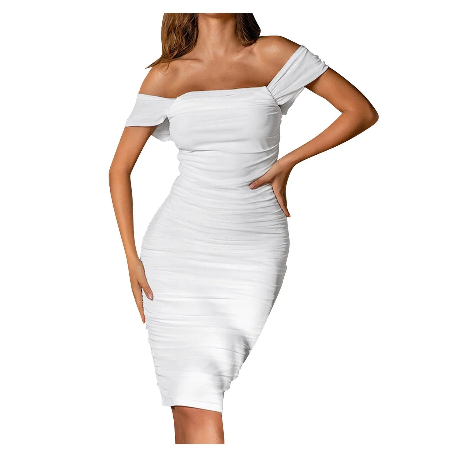 DressBetty - Off Shoulder Wrapped Chest Pleated Strapless Bodycon Midi Dresses