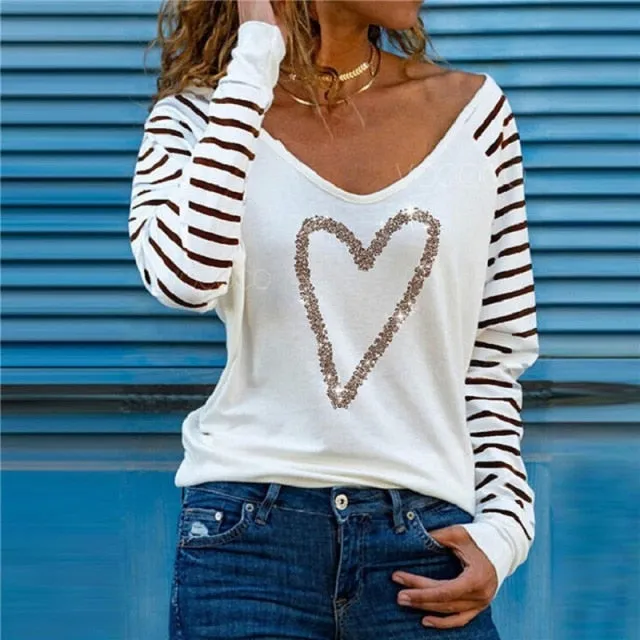 Elegant Ladies Sequined Heart Design Long Sleeve Top