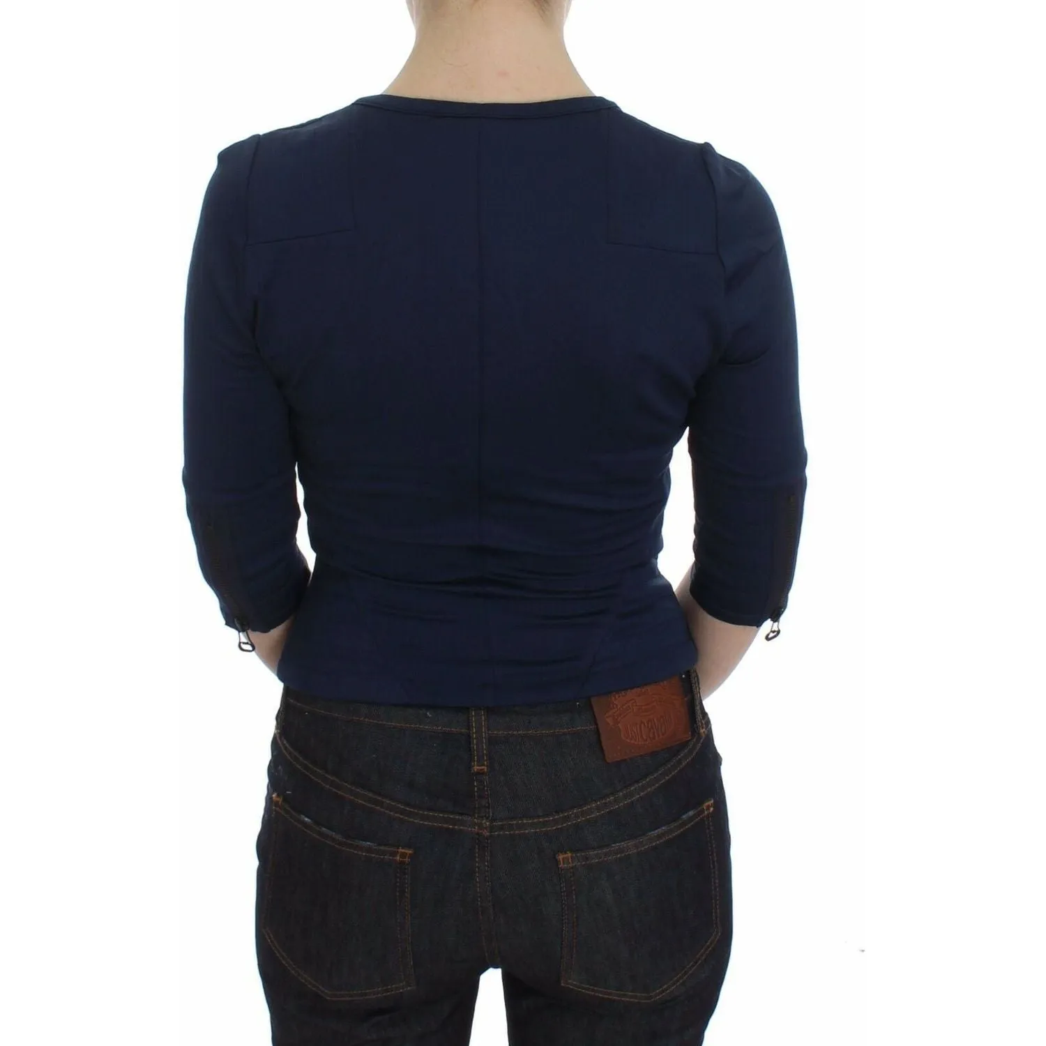 Exte Chic Zippered Crew-Neck Blue Sweater