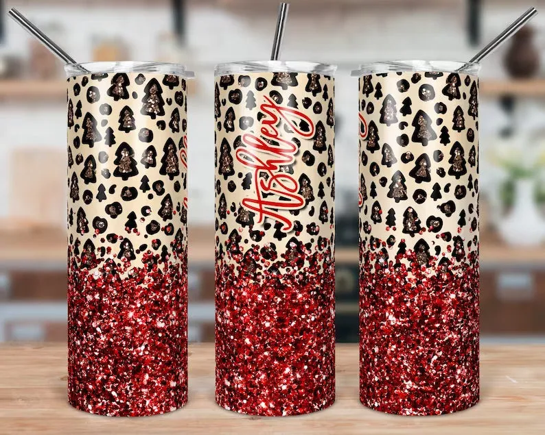 Glitter Christmas Tree Leopard Skinny Tumbler