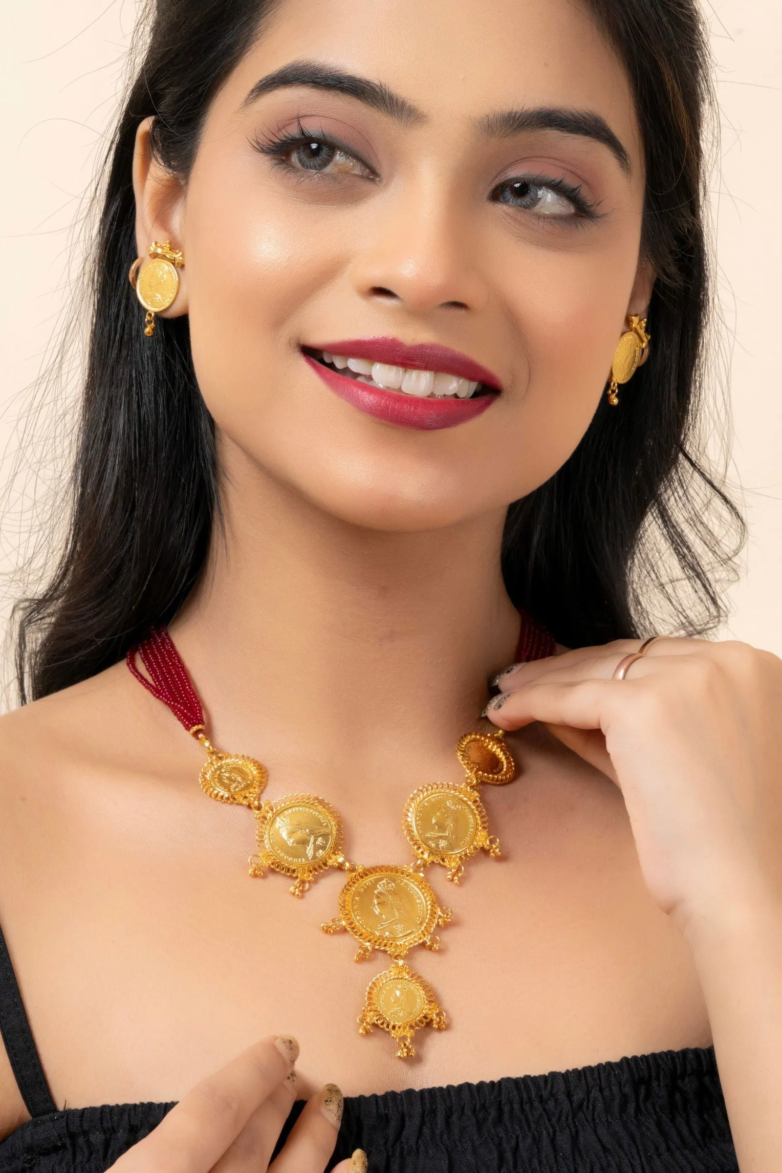 Gold Plated Victorian Coin Necklace with Red Tassel & Coin Stud Earrings Jewelry Set