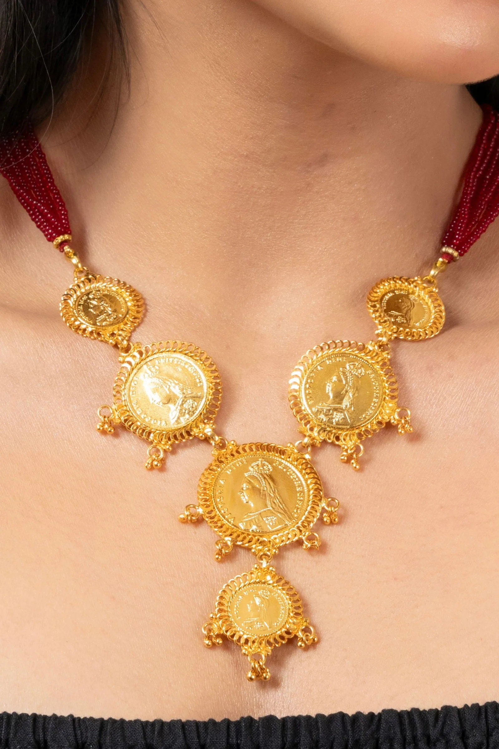 Gold Plated Victorian Coin Necklace with Red Tassel & Coin Stud Earrings Jewelry Set