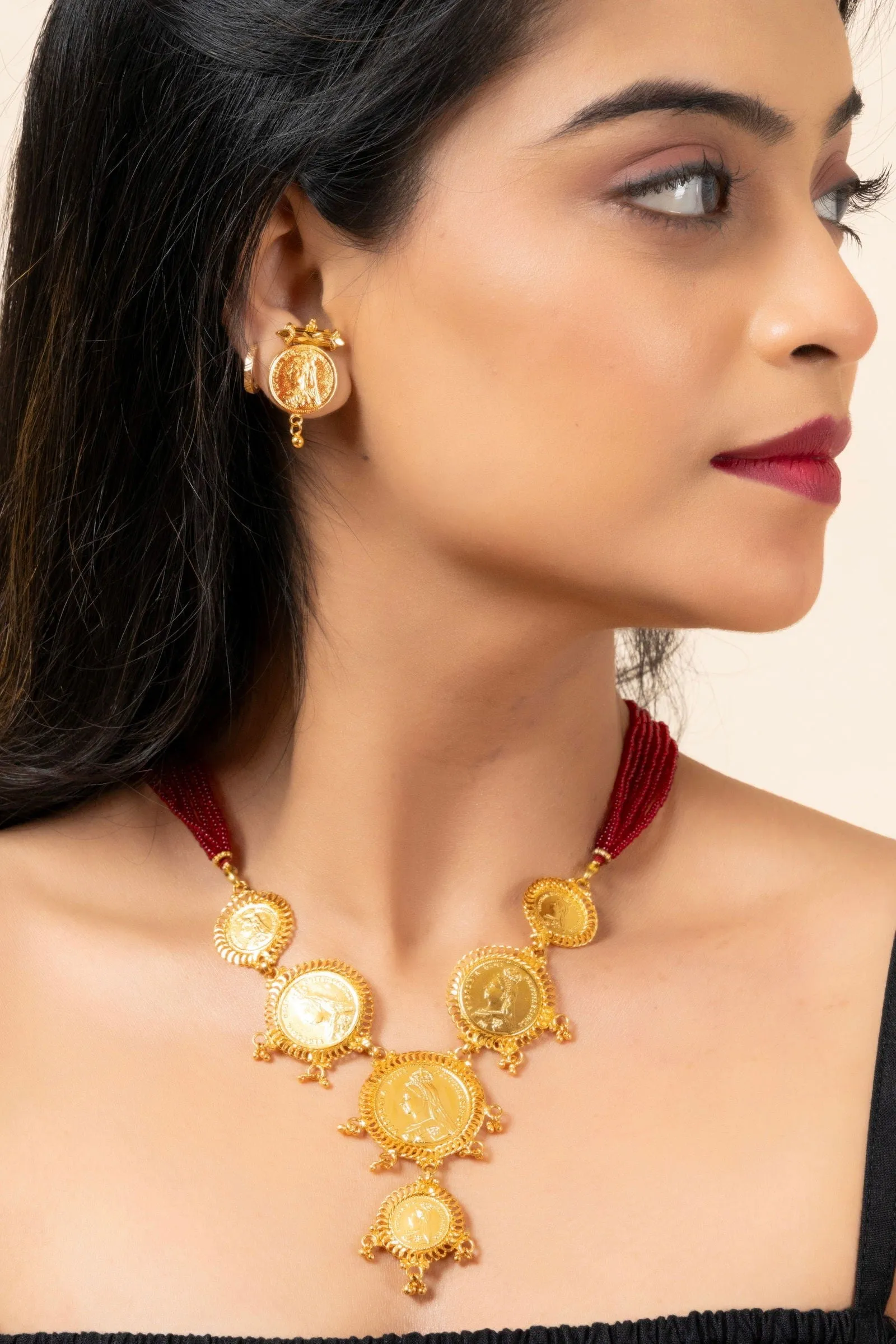 Gold Plated Victorian Coin Necklace with Red Tassel & Coin Stud Earrings Jewelry Set