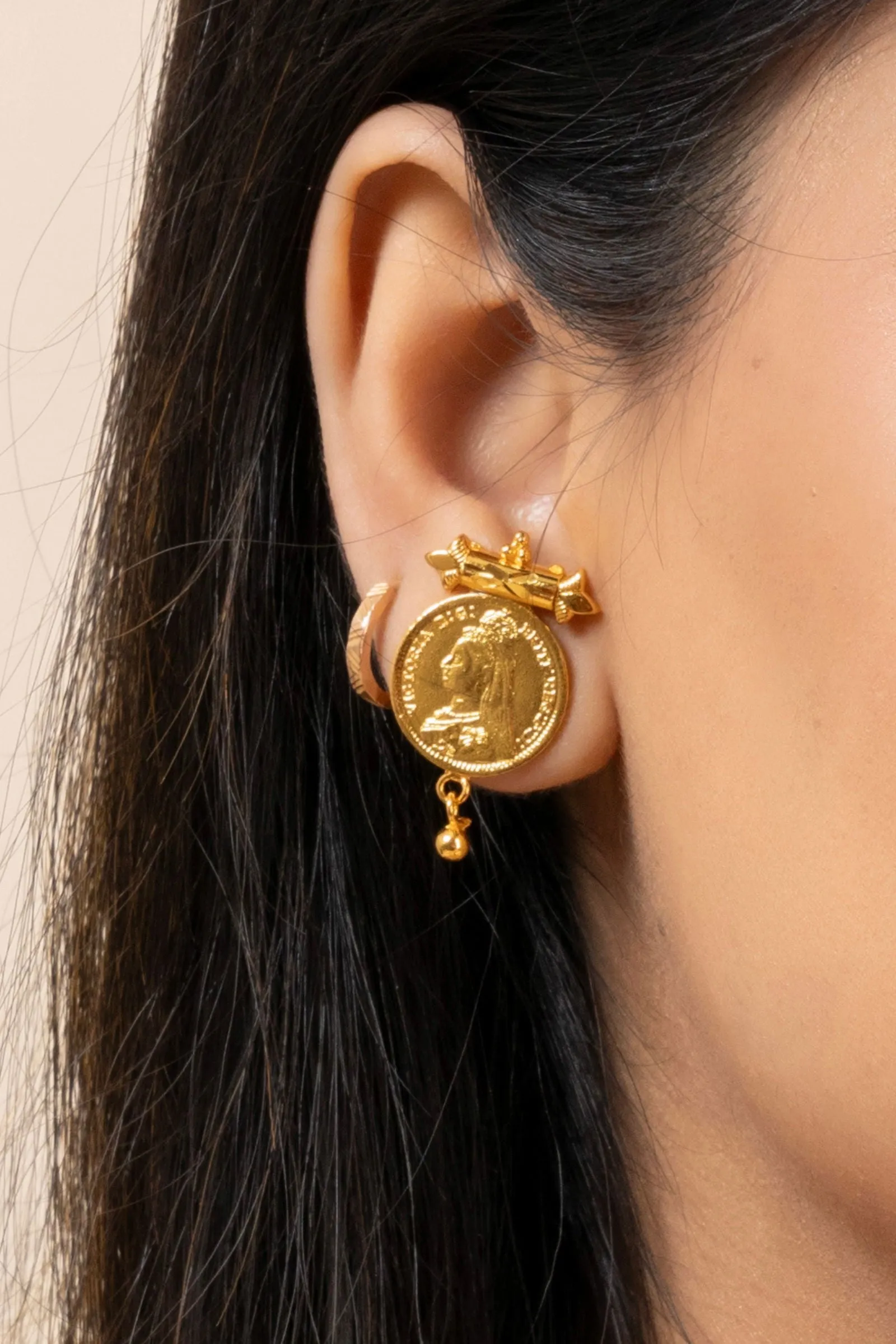 Gold Plated Victorian Coin Necklace with Red Tassel & Coin Stud Earrings Jewelry Set