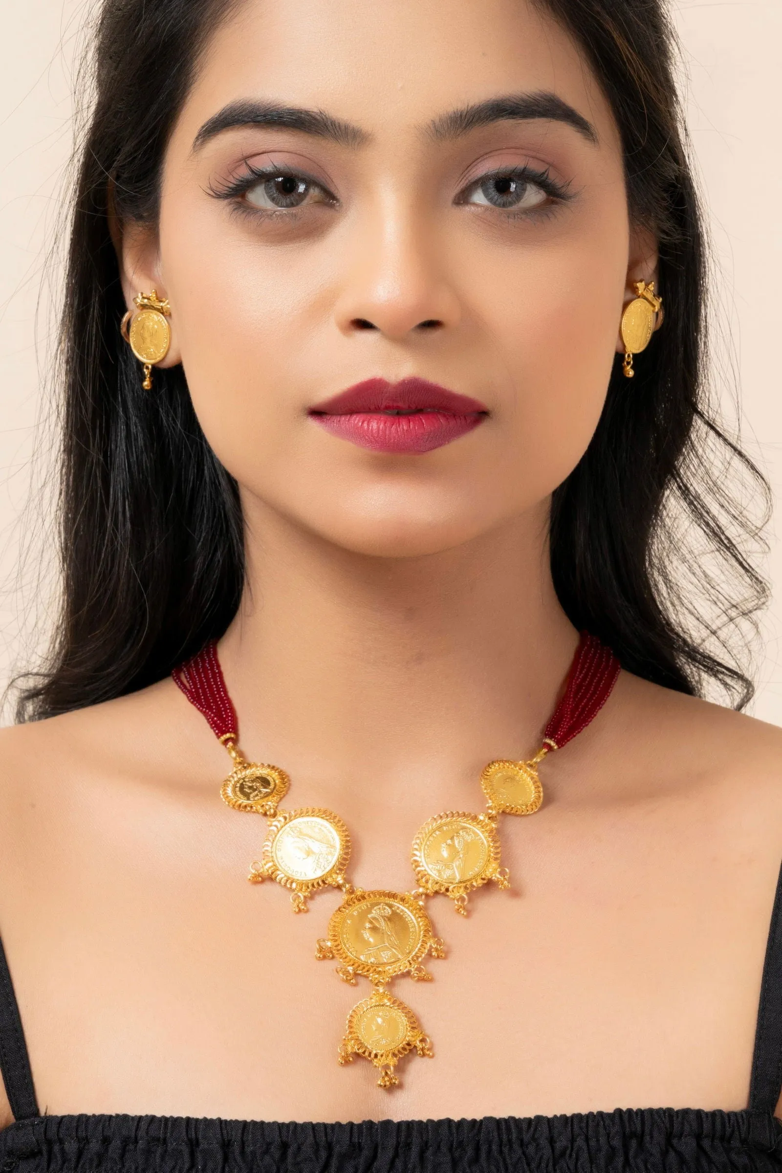 Gold Plated Victorian Coin Necklace with Red Tassel & Coin Stud Earrings Jewelry Set