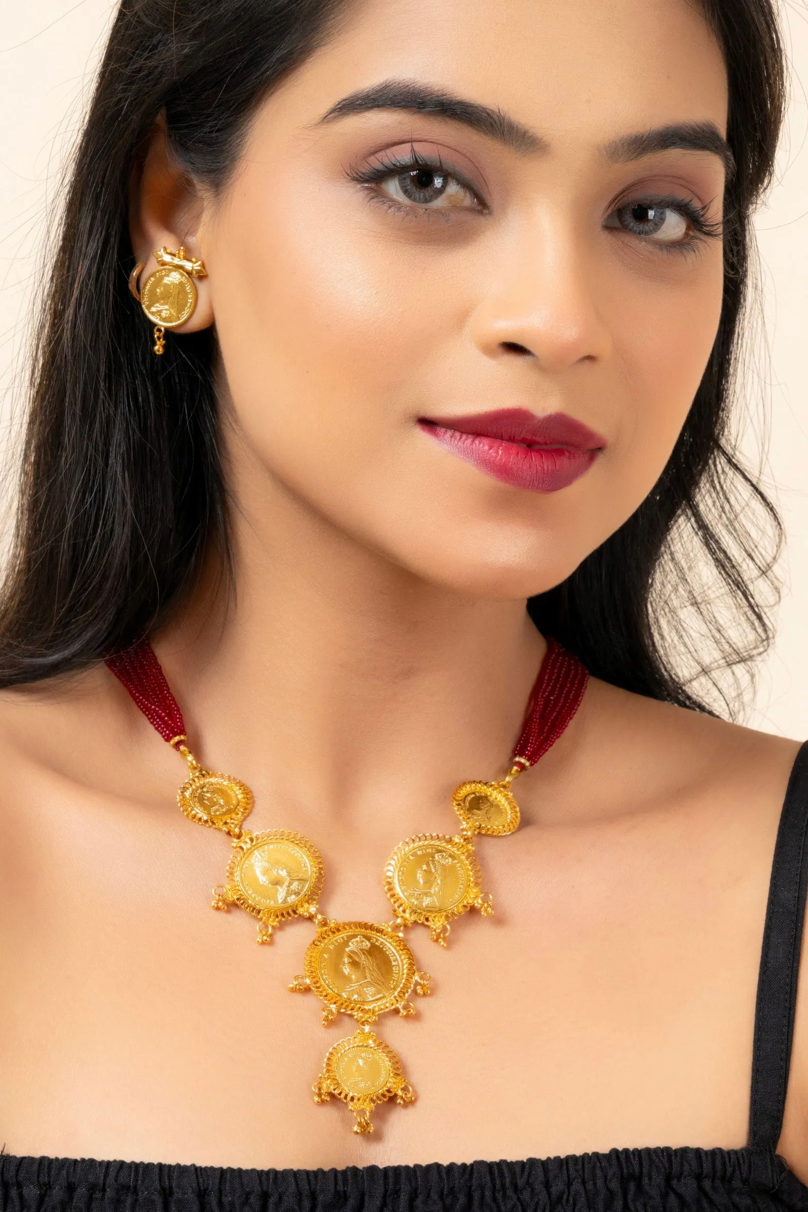 Gold Plated Victorian Coin Necklace with Red Tassel & Coin Stud Earrings Jewelry Set