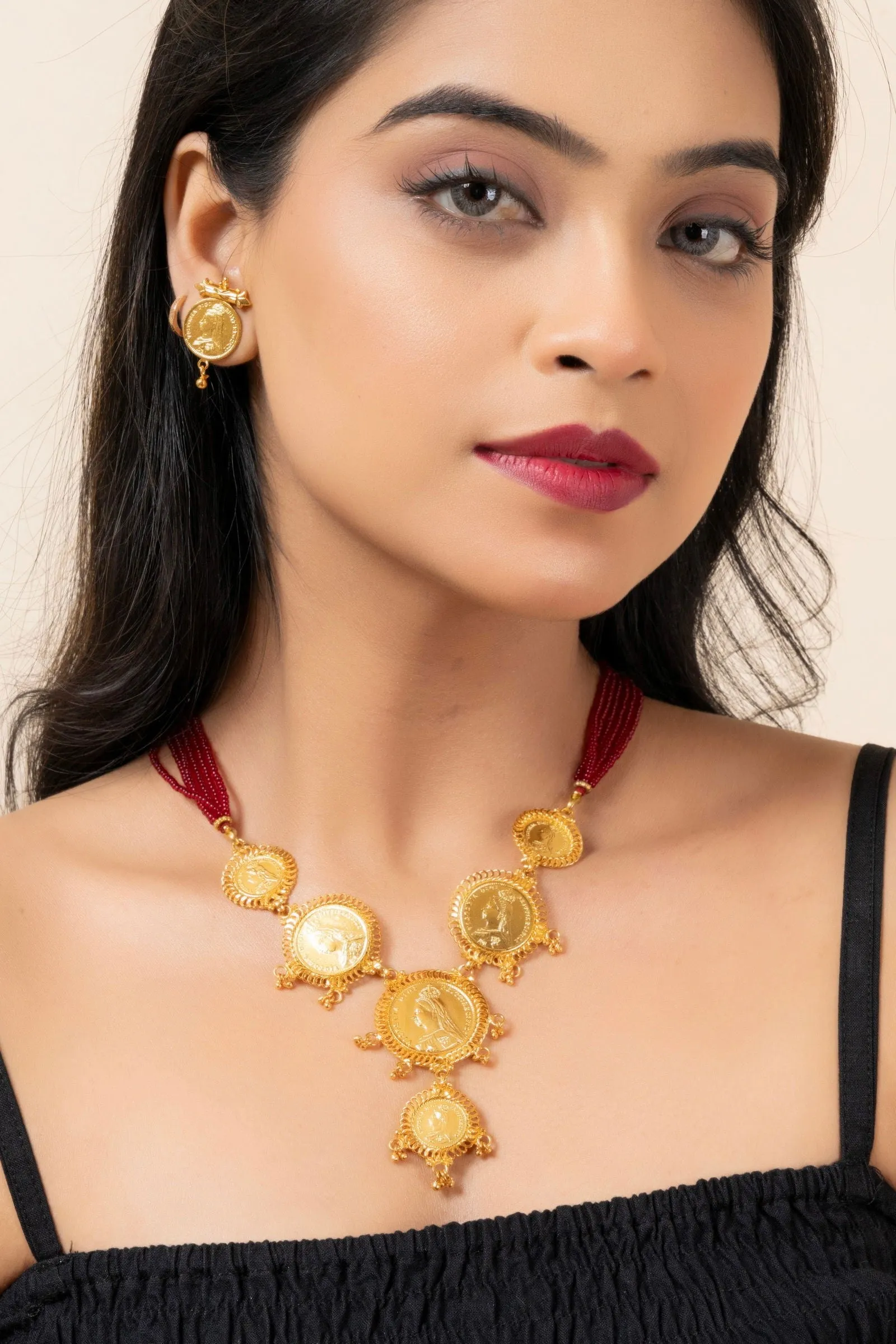 Gold Plated Victorian Coin Necklace with Red Tassel & Coin Stud Earrings Jewelry Set