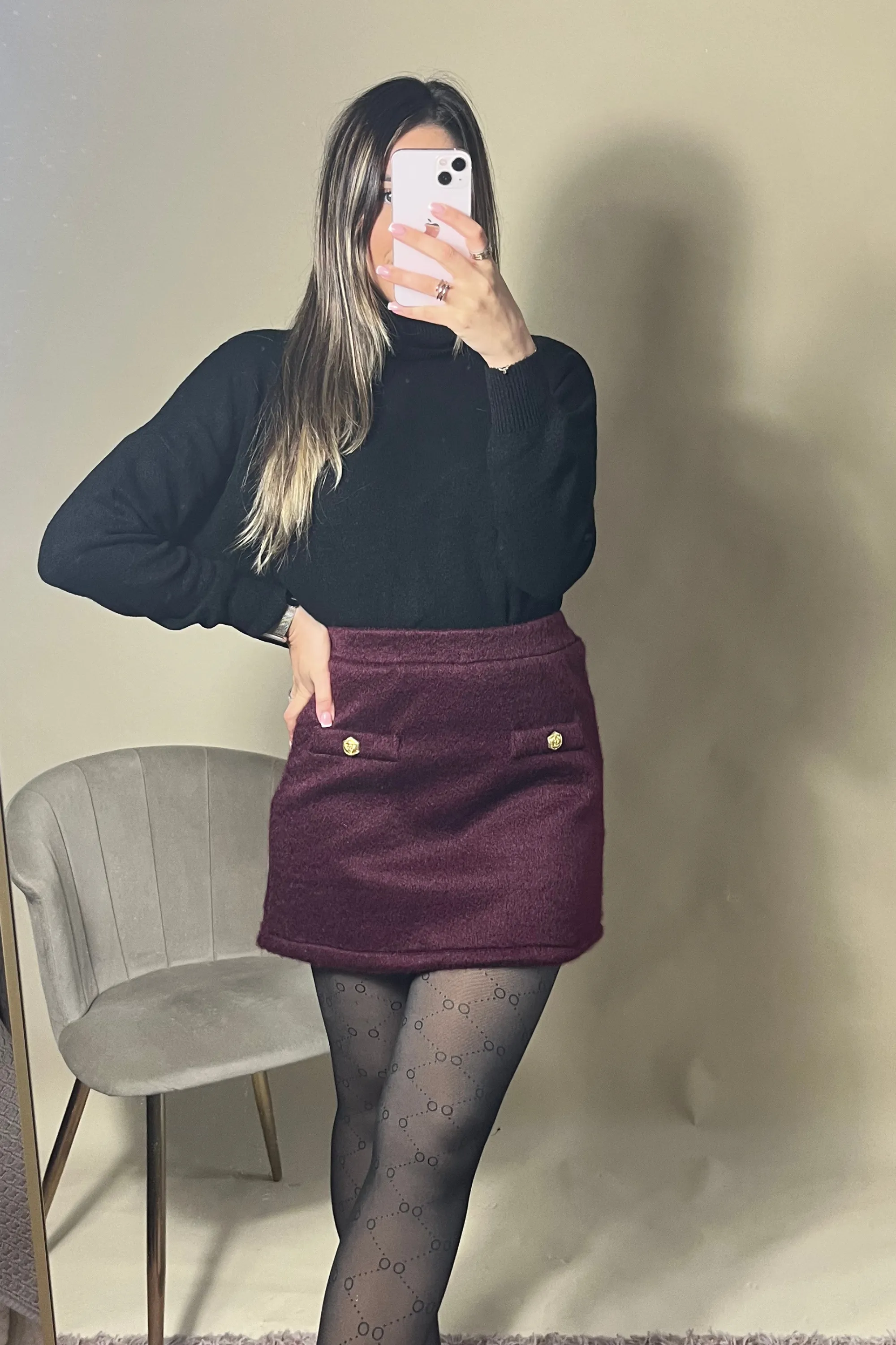 Gold rose button a line burgundy skirt