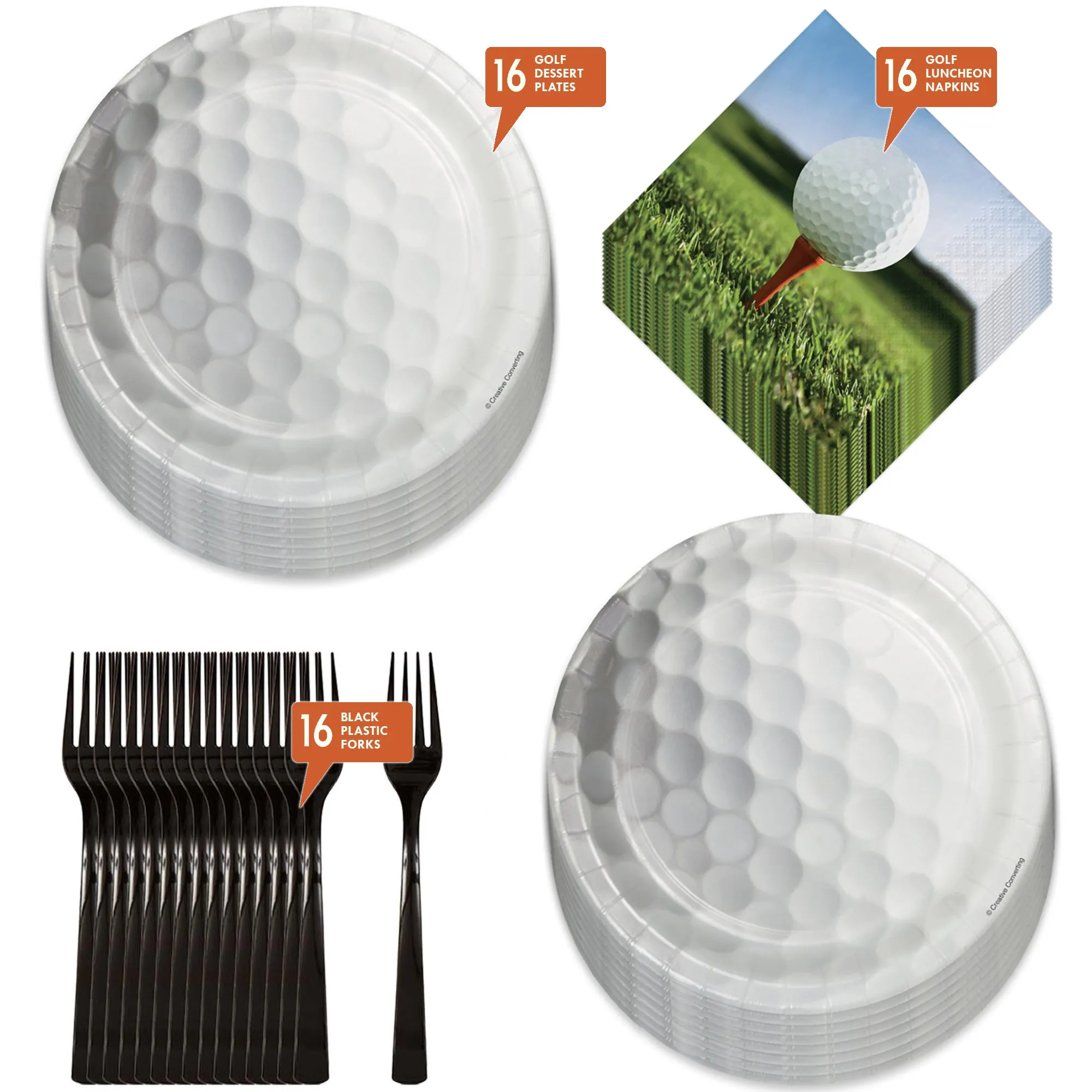 Golf Party Supplies - Golf Ball Paper Dessert Plates, Lunch Napkins, and Forks (Serves 16)