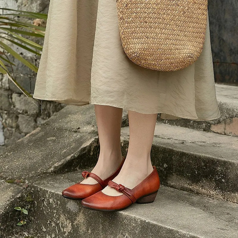 Handmade Leather Mary Jane Flat Shoes with Bow in Brown