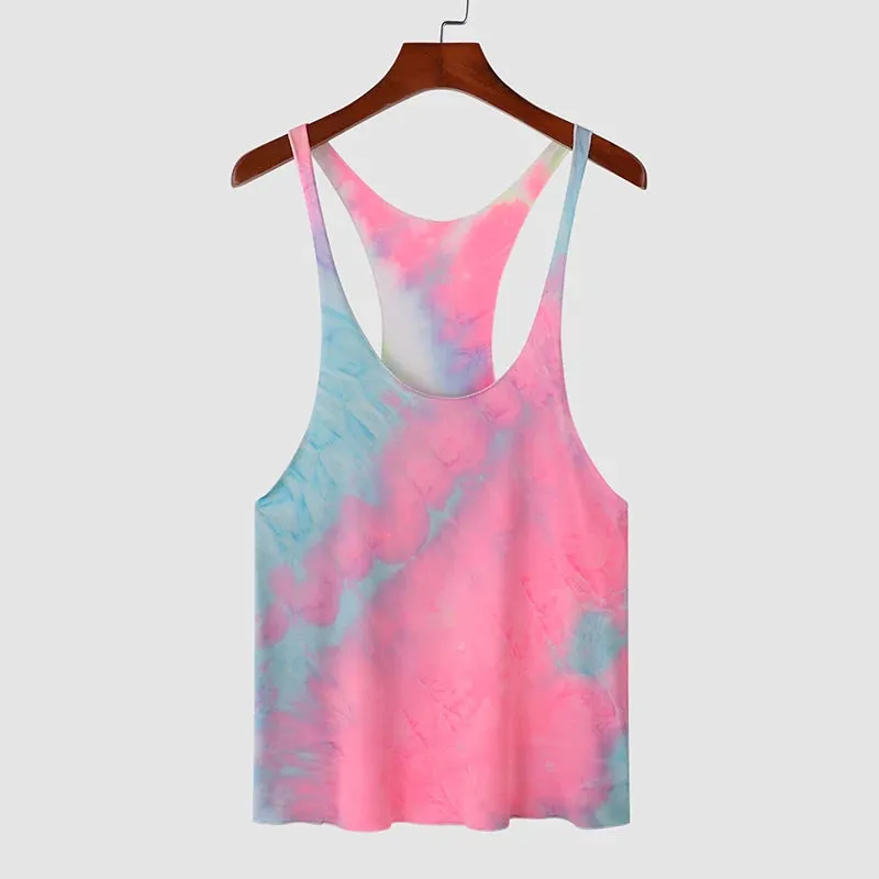 INCERUN Men Tank Tops Tie Dye O-neck Sleeveless Streetwear Summer