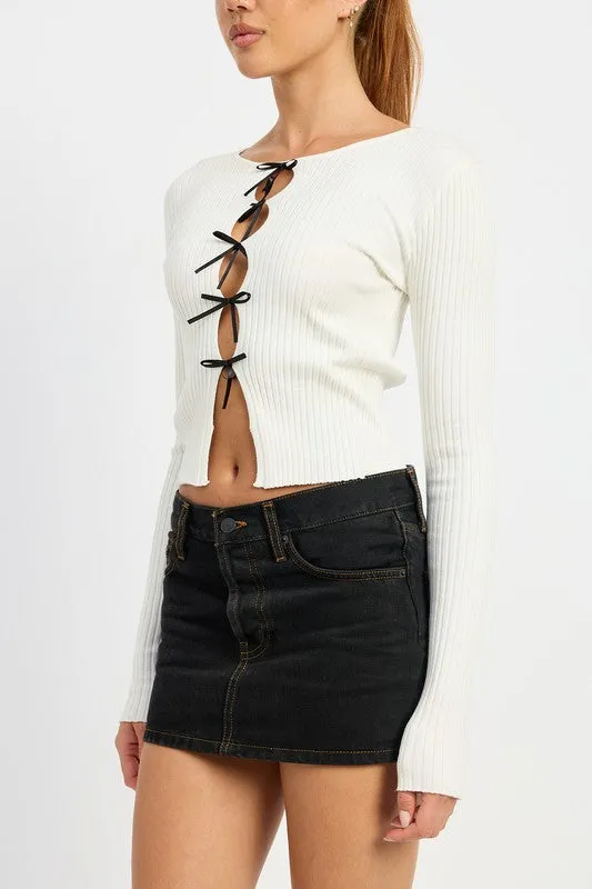 LONG SLEEVE RIBBED TOP WITH BOW DETAIL