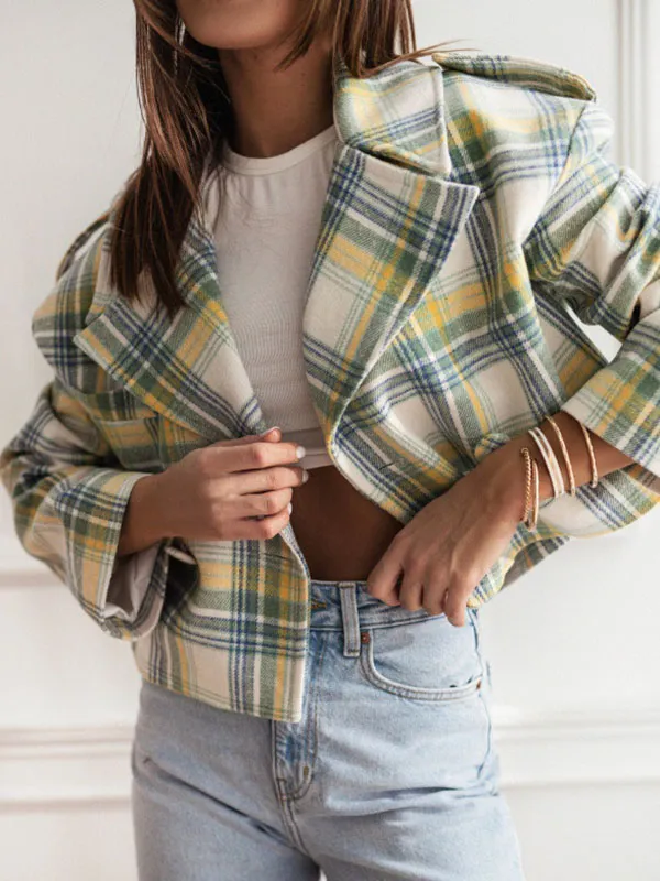 Long Sleeves Loose Plaid Split-Joint Peter Pan Collar Jackets&Coats