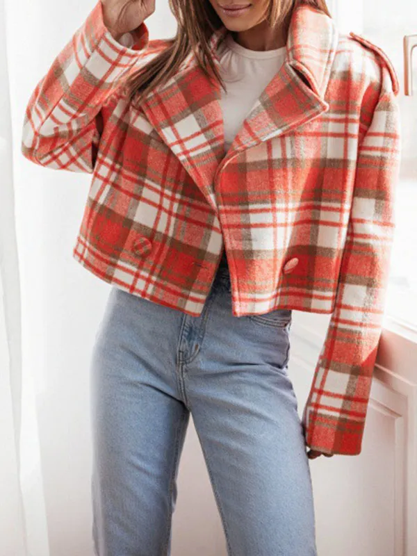 Long Sleeves Loose Plaid Split-Joint Peter Pan Collar Jackets&Coats