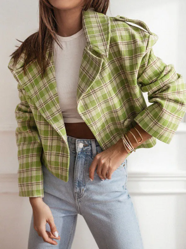 Long Sleeves Loose Plaid Split-Joint Peter Pan Collar Jackets&Coats