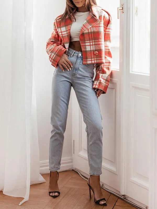 Long Sleeves Loose Plaid Split-Joint Peter Pan Collar Jackets&Coats