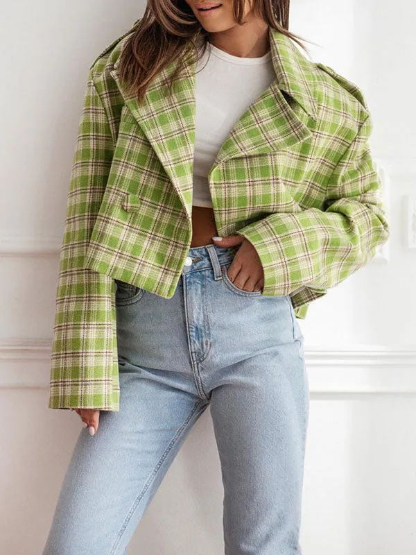 Long Sleeves Loose Plaid Split-Joint Peter Pan Collar Jackets&Coats