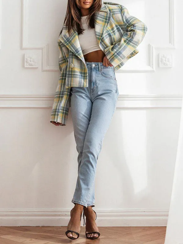 Long Sleeves Loose Plaid Split-Joint Peter Pan Collar Jackets&Coats