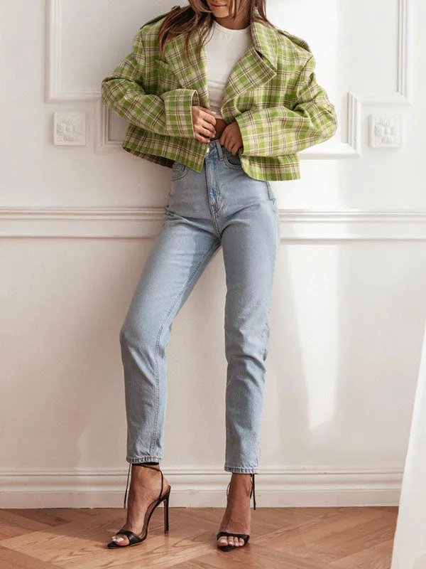 Long Sleeves Loose Plaid Split-Joint Peter Pan Collar Jackets&Coats