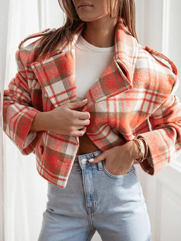 Long Sleeves Loose Plaid Split-Joint Peter Pan Collar Jackets&Coats