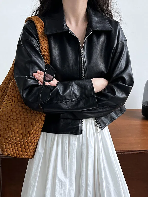 Long Sleeves Loose Solid Color Zipper Lapel Collar Jackets&Coats Outerwear