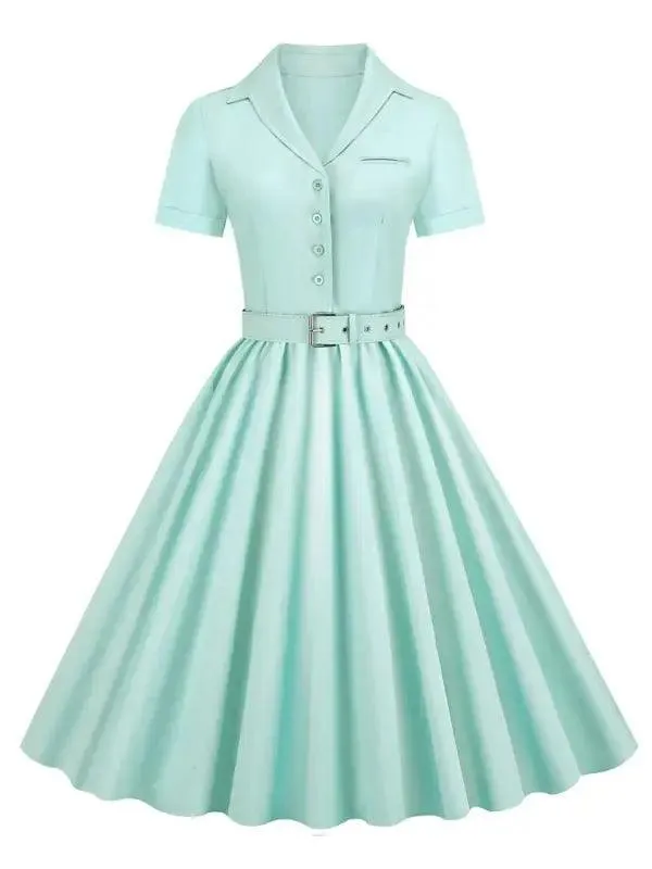 Pink Solid Cotton Long Button Up Plain Vintage Elegant Women Short Sleeve Belted Pleated Midi Swing Dresses