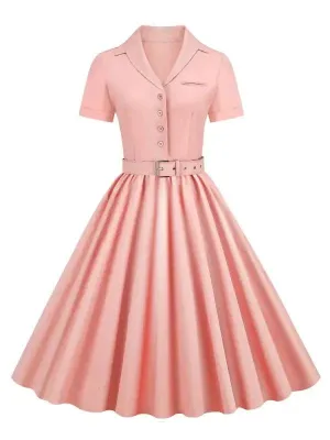 Pink Solid Cotton Long Button Up Plain Vintage Elegant Women Short Sleeve Belted Pleated Midi Swing Dresses