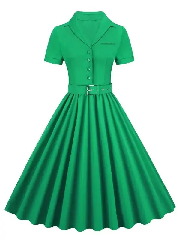 Pink Solid Cotton Long Button Up Plain Vintage Elegant Women Short Sleeve Belted Pleated Midi Swing Dresses