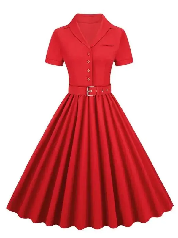 Pink Solid Cotton Long Button Up Plain Vintage Elegant Women Short Sleeve Belted Pleated Midi Swing Dresses