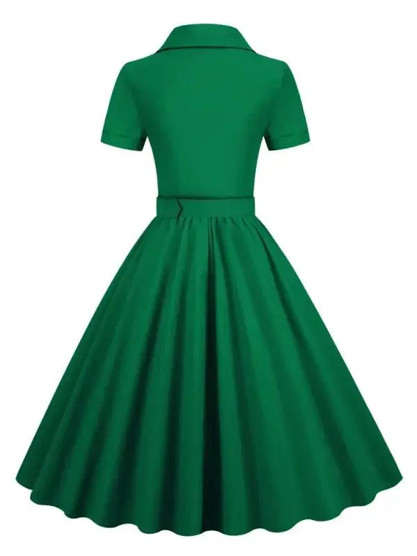 Pink Solid Cotton Long Button Up Plain Vintage Elegant Women Short Sleeve Belted Pleated Midi Swing Dresses