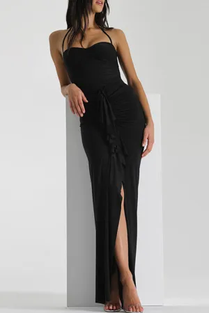 Sexy Solid Backless Slit Fold Halter Wrapped Skirt Dresses