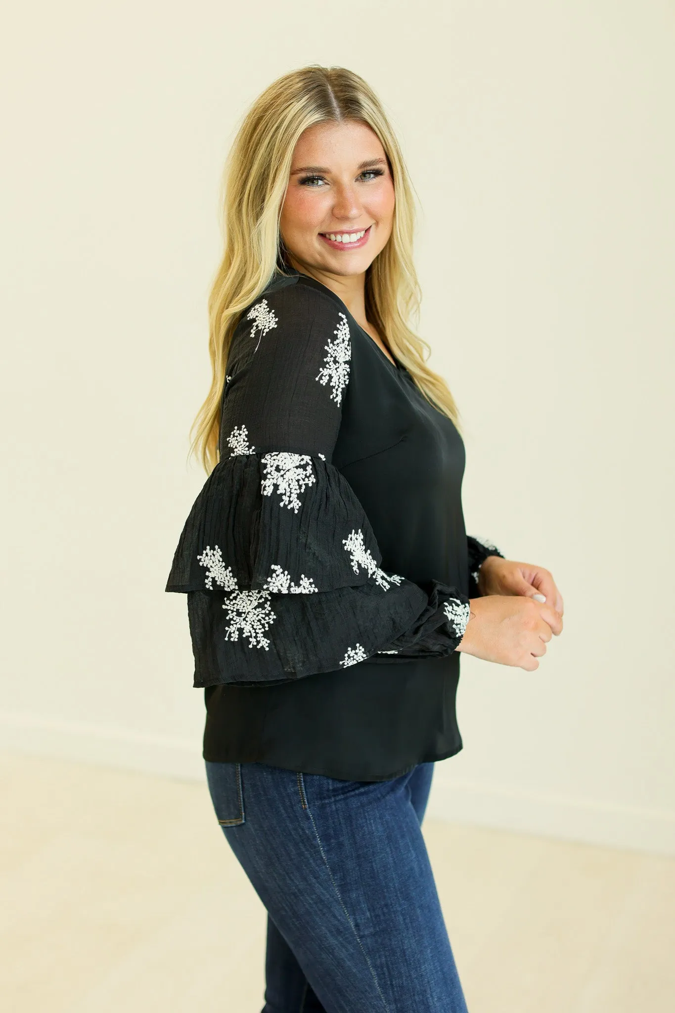 V-Neck Top with Embroidered Sleeves