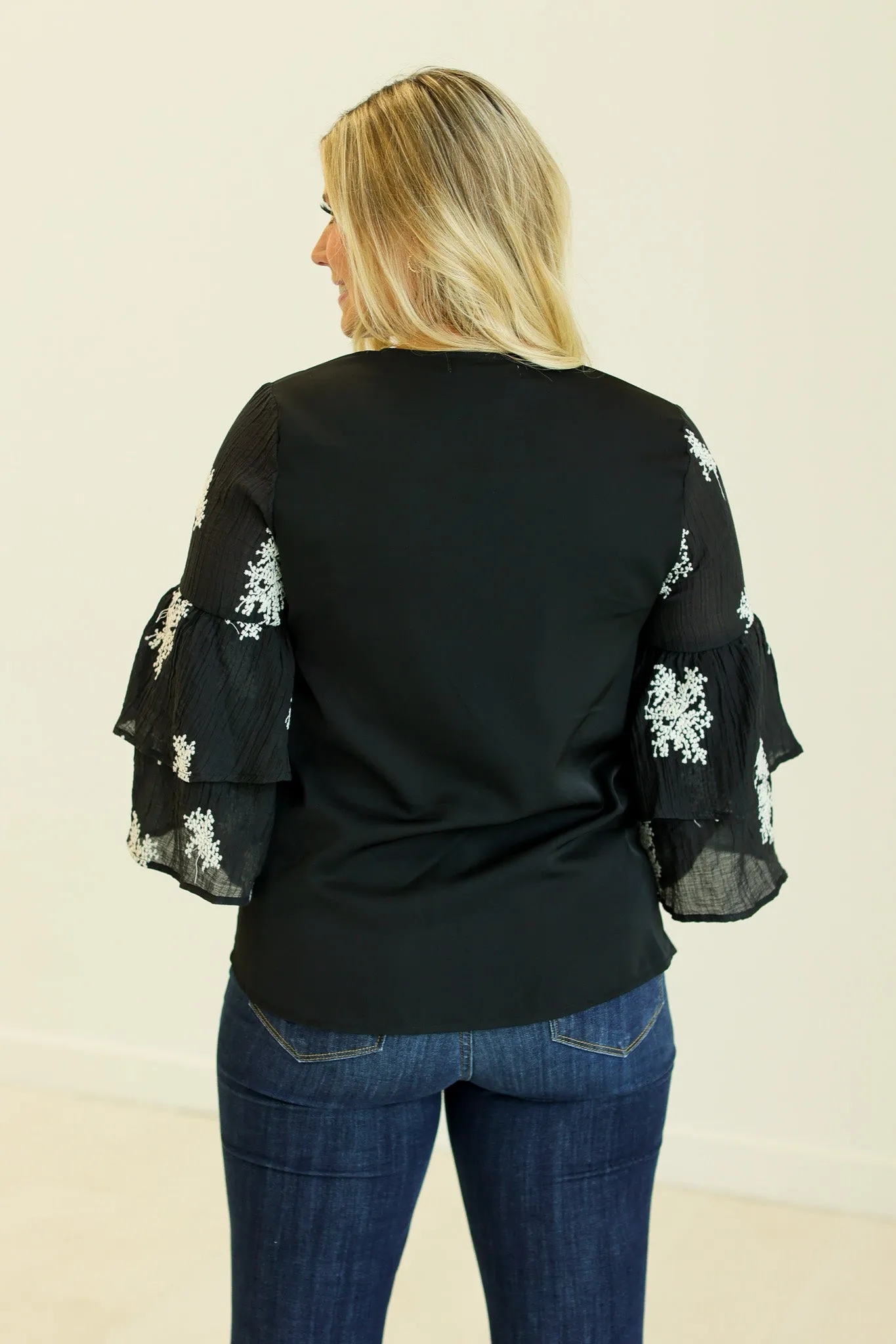 V-Neck Top with Embroidered Sleeves