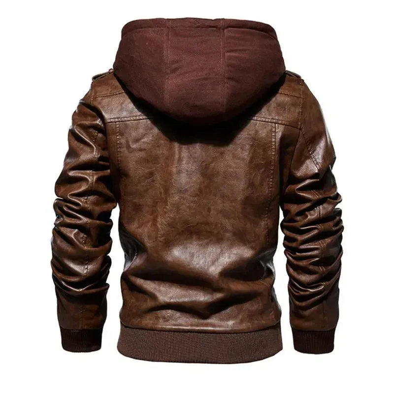 Winter High Quality Men's Leather Jacket Motorcycle Hooded Jacket Male Warm Casual leather Coat Fleece Men's Coats Clothing