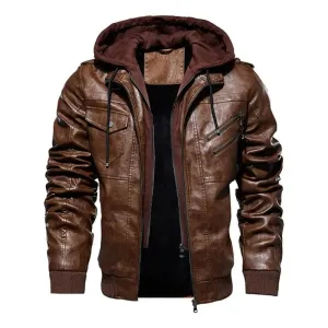 Winter High Quality Men's Leather Jacket Motorcycle Hooded Jacket Male Warm Casual leather Coat Fleece Men's Coats Clothing