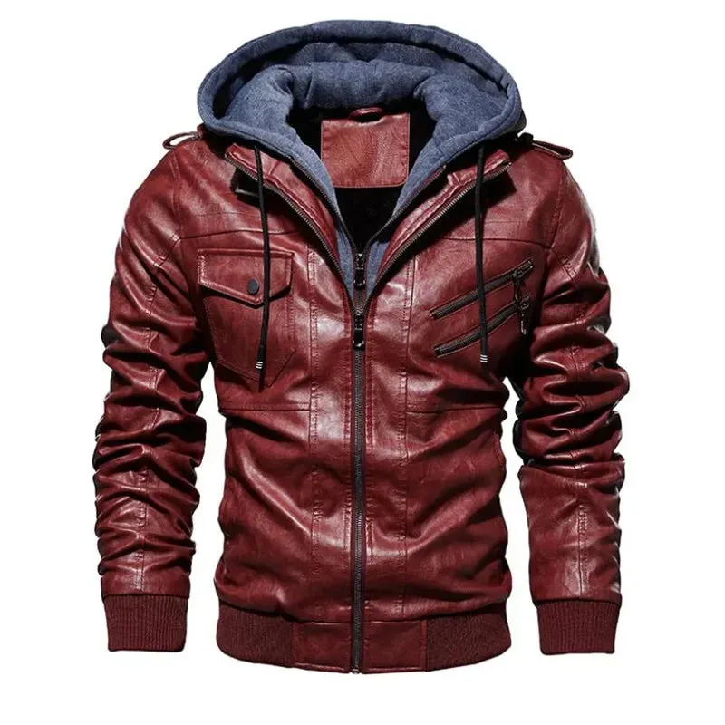 Winter High Quality Men's Leather Jacket Motorcycle Hooded Jacket Male Warm Casual leather Coat Fleece Men's Coats Clothing